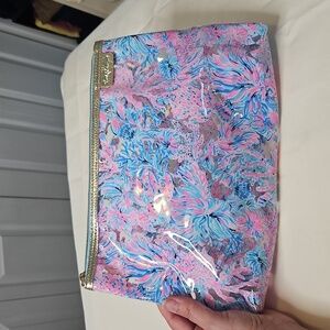 Lilly Pulitzer Pink/Blue Cosmetic Bag Floral/sea Design Rectangle Clear